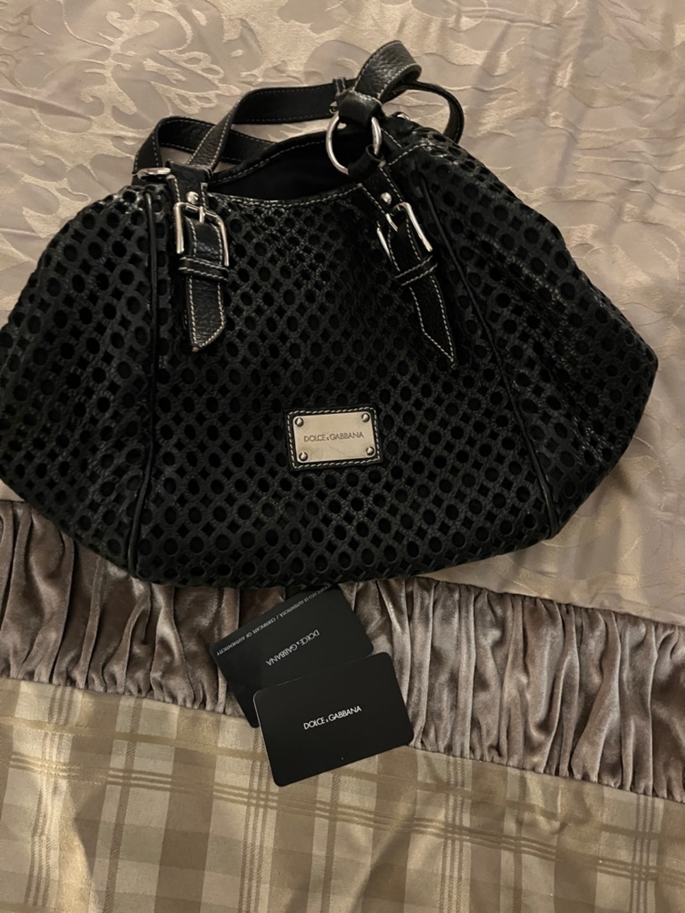 Dolce & Gabbana Black Textured Shoulder Bag with Logo Plaque